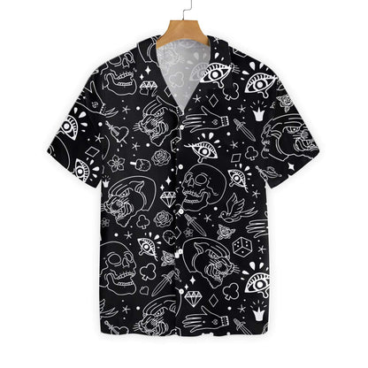 American Traditional Flash Tattoo Skull Black Theme Hawaiian Shirt, Hawaiian Shirt Gift, Christmas Gift