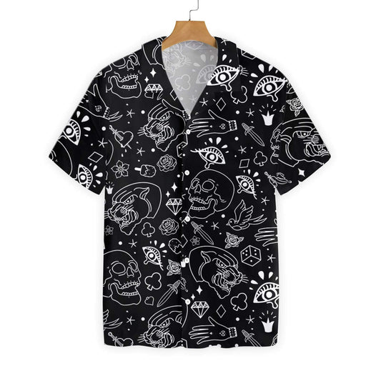 American Traditional Flash Tattoo Skull Black Theme Hawaiian Shirt, Hawaiian Shirt Gift, Christmas Gift