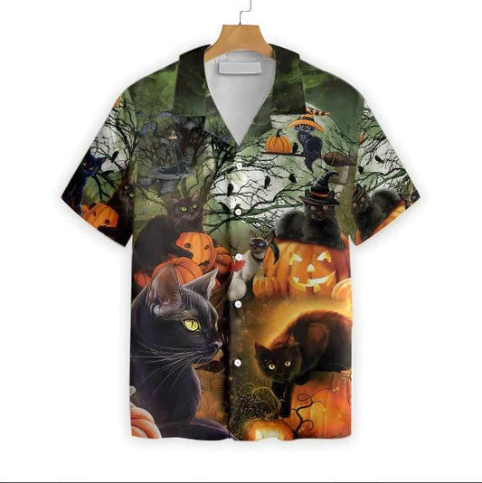 Black Cat & The Pumpkin Halloween Hawaiian Shirt, Hawaiian Shirt Gift, Christmas Gift
