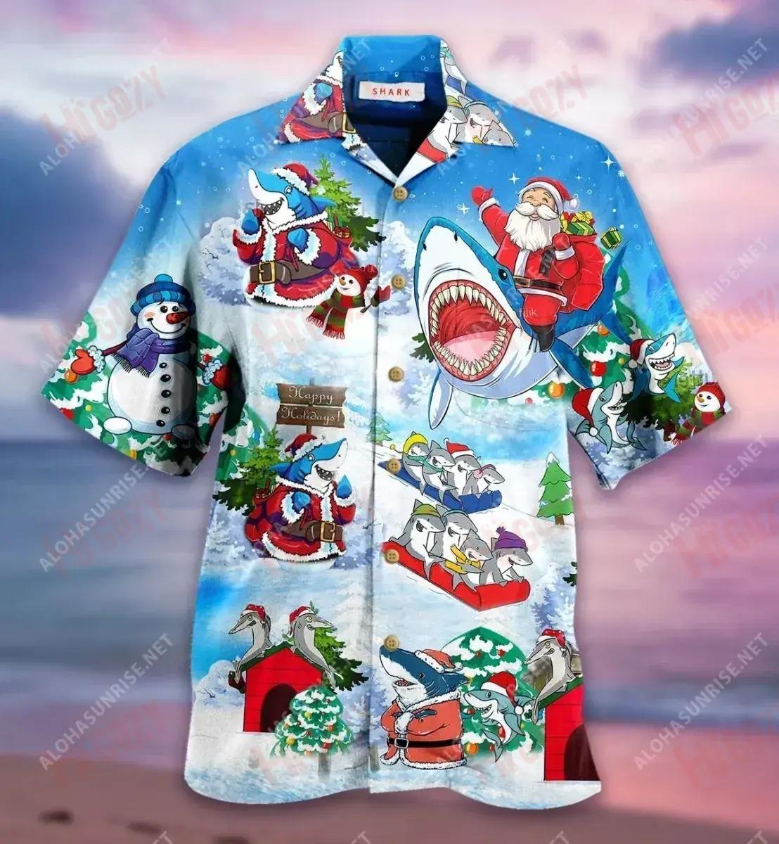 Christmas Shark Short Hawaiian Shirt Summer Short Sleeve Hawaiian Crazy Shirts Hawaiian Shirts For Men, Hawaiian Shirt Gift, Christmas Gift
