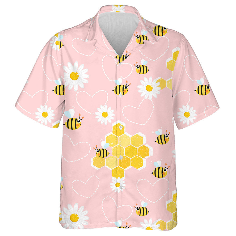 Bees In Daisy Flower Garden On Pink Background Hawaiian Shirt, Hawaiian Shirt Gift, Christmas Gift