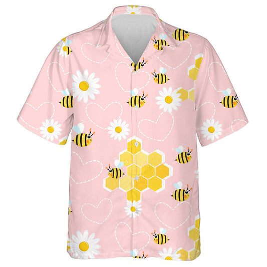 Bees In Daisy Flower Garden On Pink Background Hawaiian Shirt, Hawaiian Shirt Gift, Christmas Gift