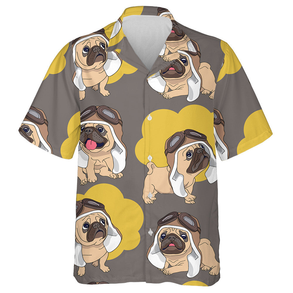 Cartoon Pug Puppy In A Pilot Helmet And Clouds Hawaiian Shirt, Hawaiian Shirt Gift, Christmas Gift