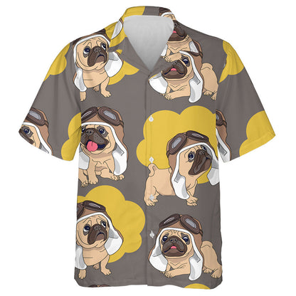 Cartoon Pug Puppy In A Pilot Helmet And Clouds Hawaiian Shirt, Hawaiian Shirt Gift, Christmas Gift
