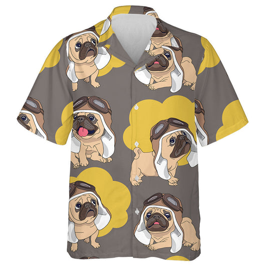 Cartoon Pug Puppy In A Pilot Helmet And Clouds Hawaiian Shirt, Hawaiian Shirt Gift, Christmas Gift