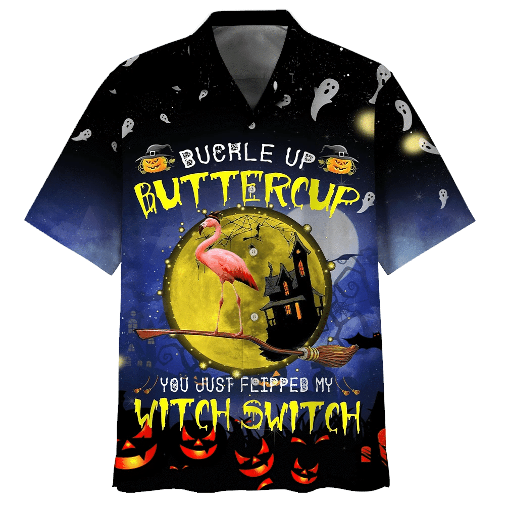 Halloween Flamingo Buckle Up Buttercup Background Hawaiian Shirt,Hawaiian Shirt Gift, Christmas Gift