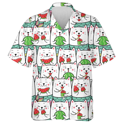 Cute Cat Mermaid Eating Watermelon In Summer Time Hawaiian Shirt, Hawaiian Shirt Gift, Christmas Gift