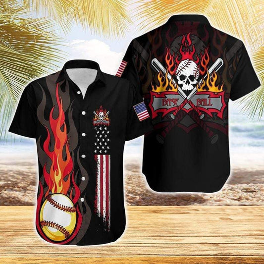 Flame Baseball Skull And American Flag Design Hawaiian Shirt, Hawaiian Shirt Gift, Christmas Gift