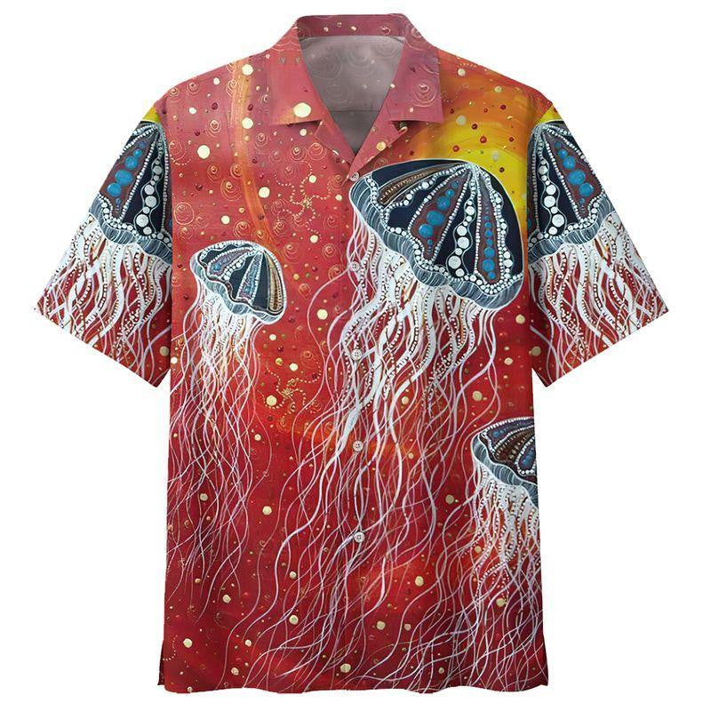 Hippie Jellyfish On Red Background Design Hawaiian Shirt, Hawaiian For Gift