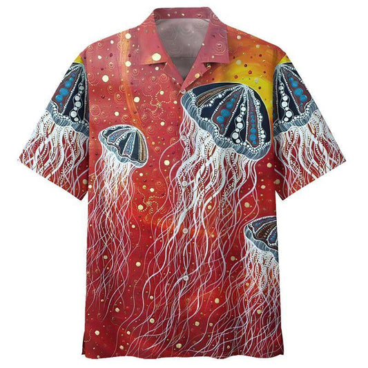 Hippie Jellyfish On Red Background Design Hawaiian Shirt, Hawaiian For Gift