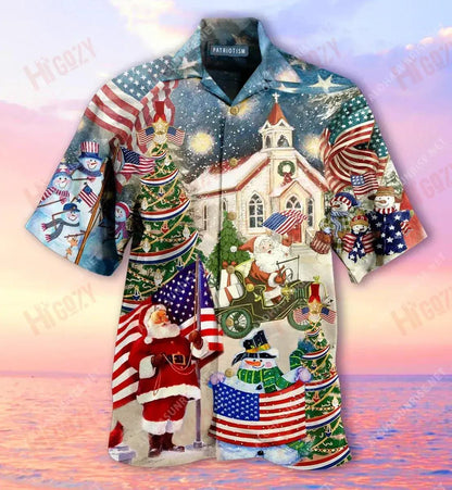 Patriotism American On Christmas Short Short Sleeve Shirt Ocean Hawaiian T Shirts Hawaiian Crazy Shirts Hawaiian Shirts For Women, Hawaiian Shirt Gift, Christmas Gift