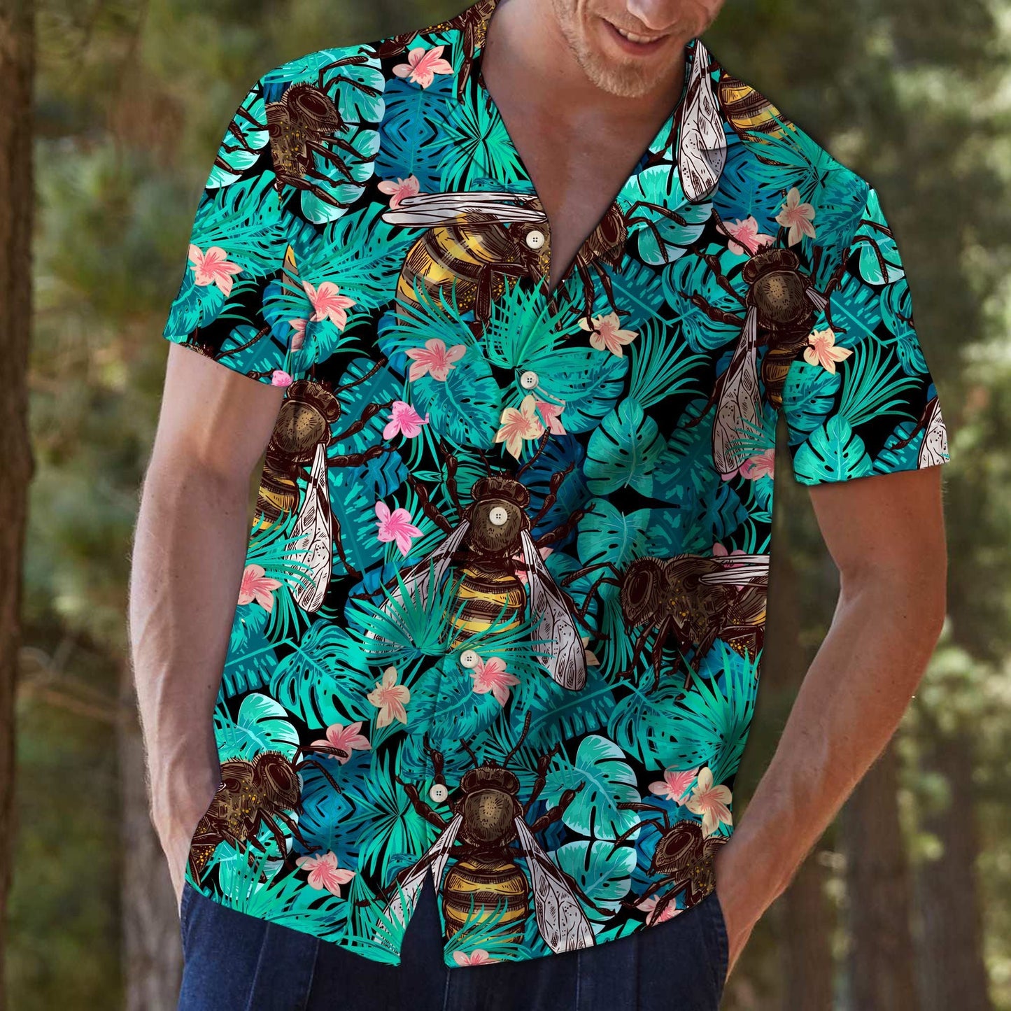 Large Sized Bee And Tropical Leaves Pattern Hawaiian Shirt, Hawaiian Shirt Gift, Christmas Gift