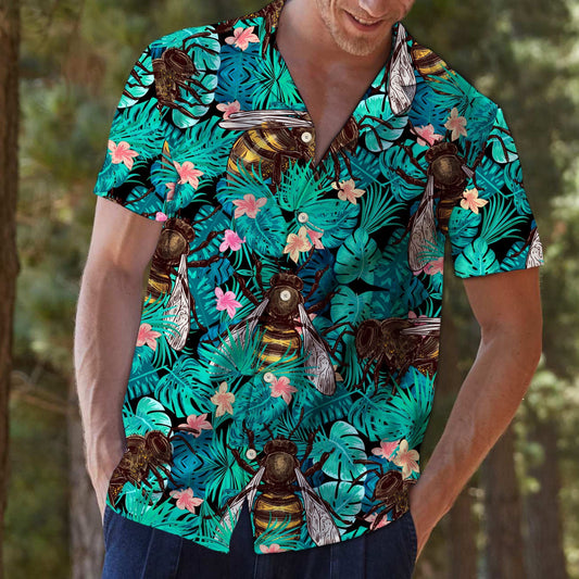 Large Sized Bee And Tropical Leaves Pattern Hawaiian Shirt, Hawaiian Shirt Gift, Christmas Gift