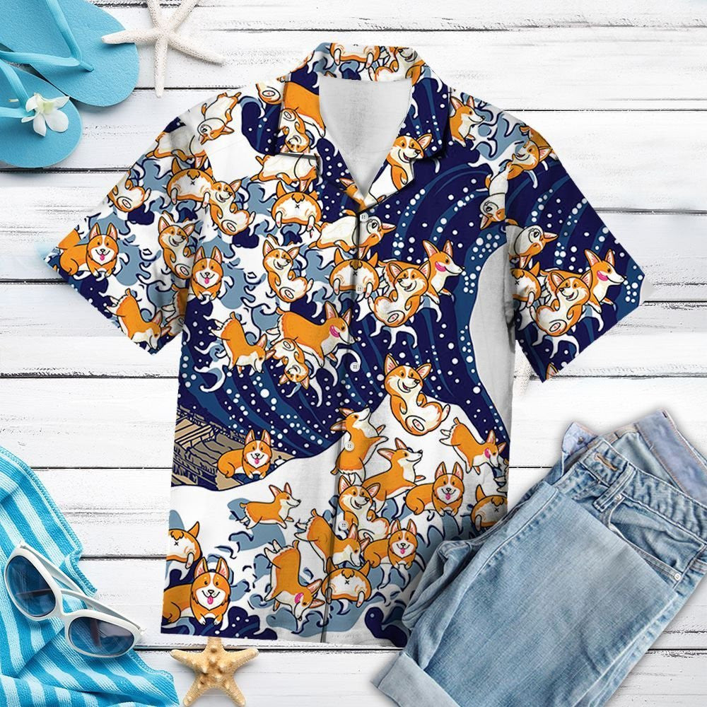 Funny Corgi Group Playing Ocean Waves Cartoon Hawaiian Shirt, Hawaiian Shirt Gift, Christmas Gift