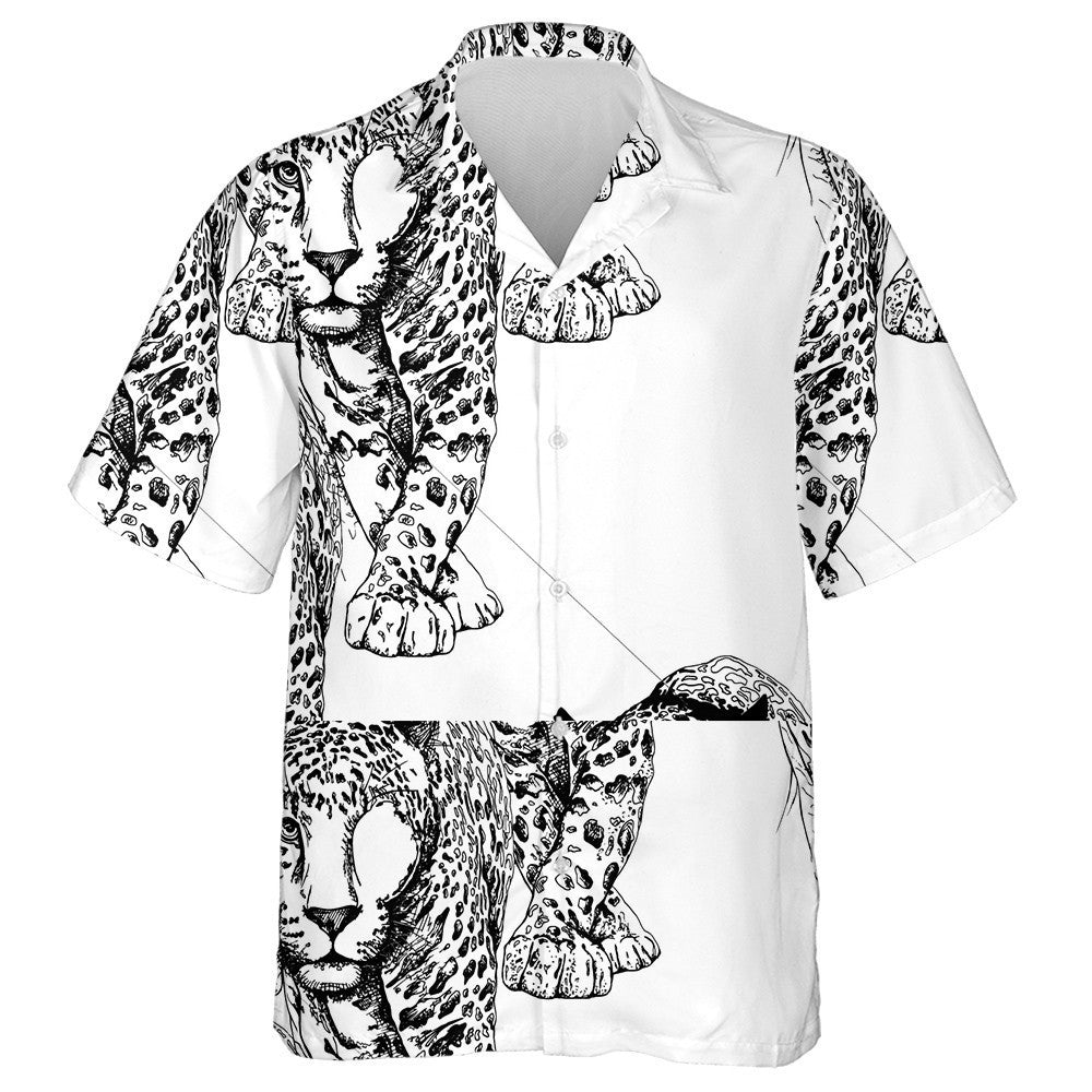 Sketch Of A Walking Leopard Black And White Illustration Hawaiian Shirt, Hawaiian Shirt Gift, Christmas Gift