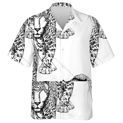 Sketch Of A Walking Leopard Black And White Illustration Hawaiian Shirt, Hawaiian Shirt Gift, Christmas Gift