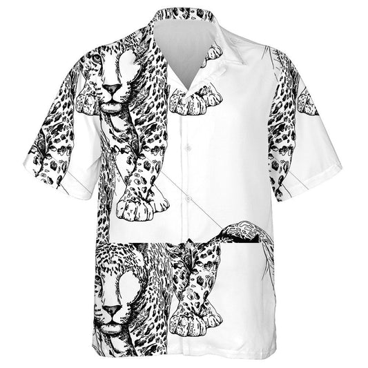 Sketch Of A Walking Leopard Black And White Illustration Hawaiian Shirt, Hawaiian Shirt Gift, Christmas Gift