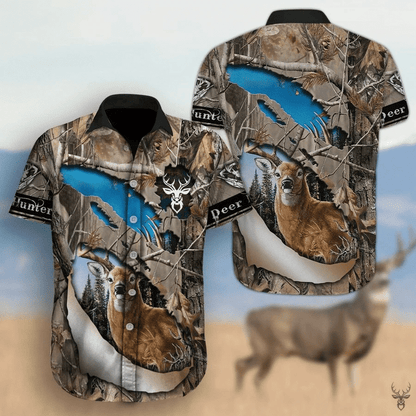 Deer On Meadow Pattern Blue Lake Hawaiian Shirt,Hawaiian Shirt Gift, Christmas Gift