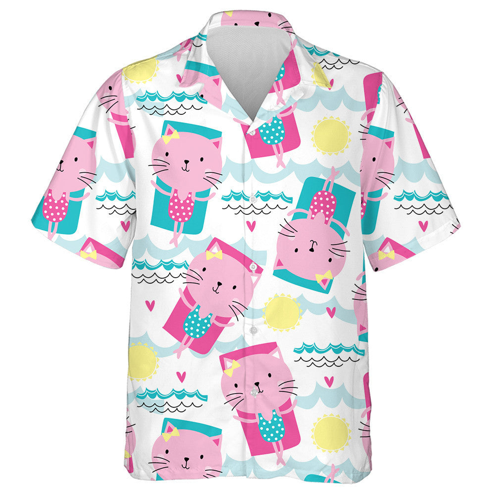 Funny Cat On Floating Air Mattress Hawaiian Shirt,Hawaiian Shirt Gift, Christmas Gift