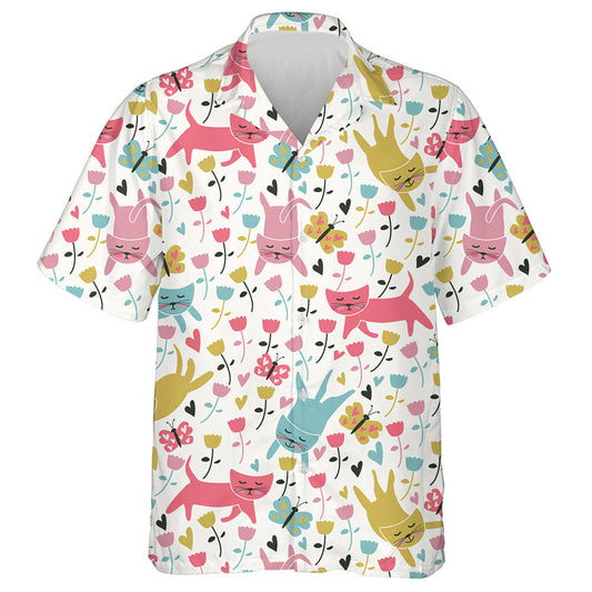 Funny Cats Flowers And Butterflies In Cartoon Style Hawaiian Shirt, Hawaiian Shirt Gift, Christmas Gift