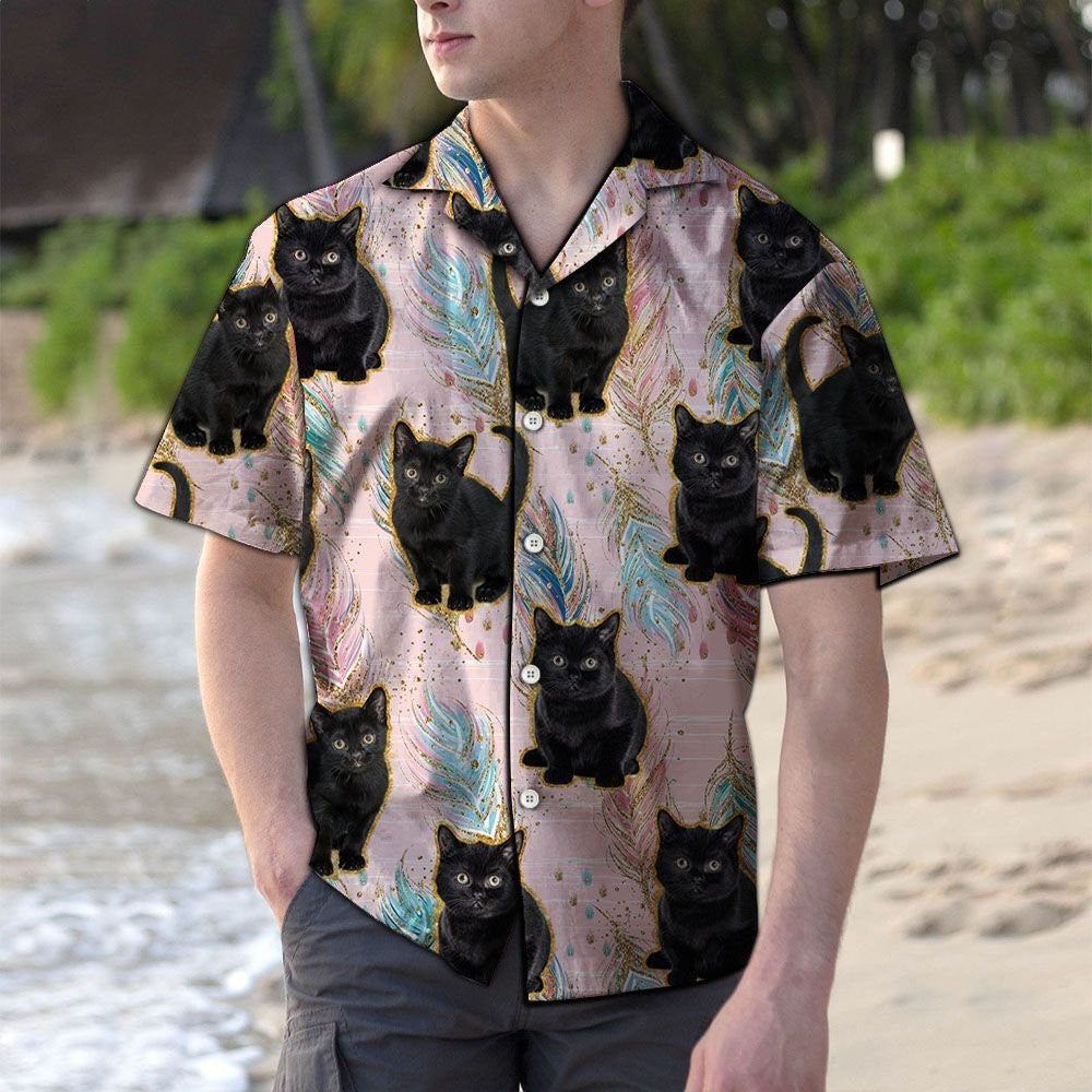Cute Baby Black Cat Boho Feather Pattern Hawaiian Shirt, Hawaiian Shirt Gift, Christmas Gift