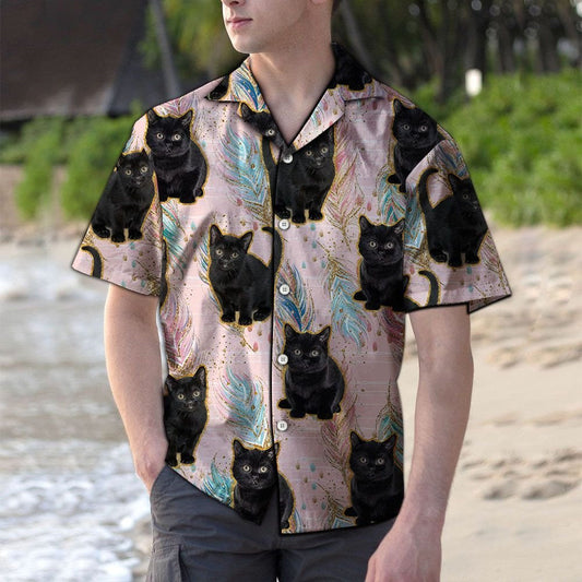 Cute Baby Black Cat Boho Feather Pattern Hawaiian Shirt, Hawaiian Shirt Gift, Christmas Gift