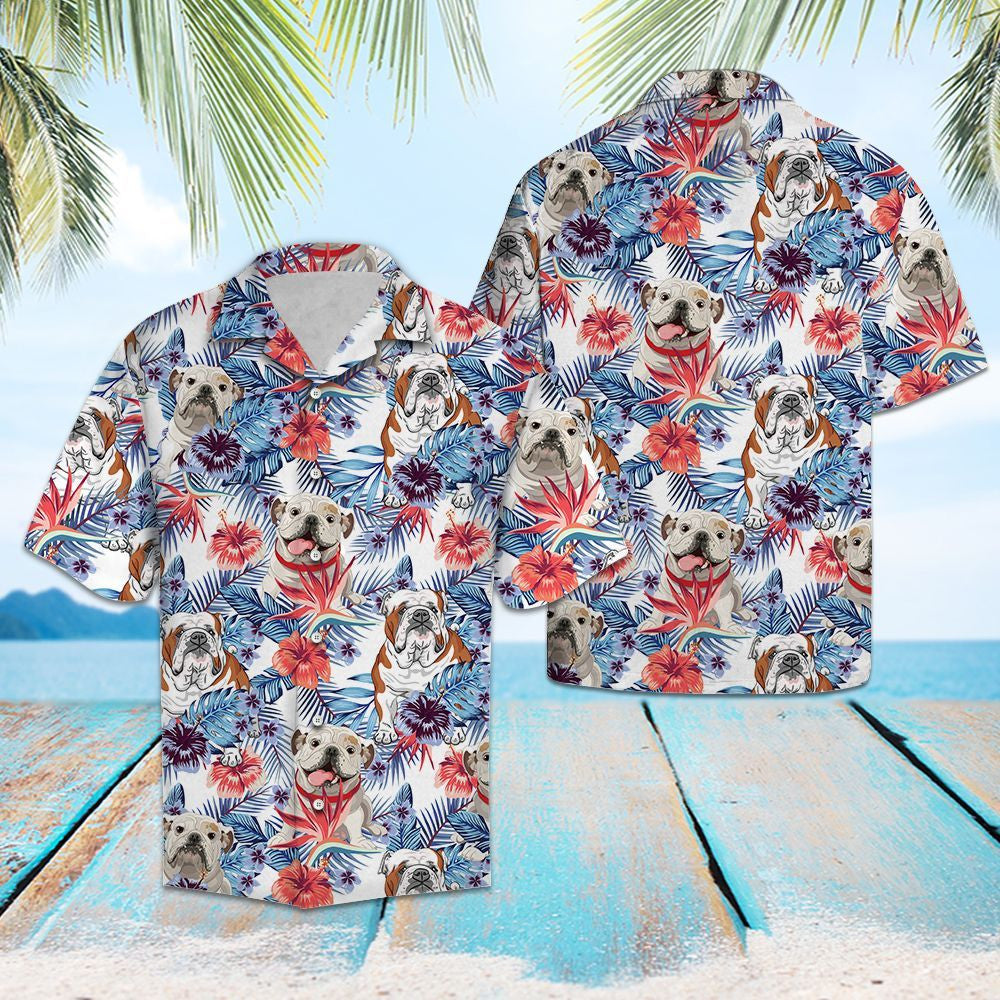 Bulldog Among Tropical Flowers Design Hawaiian Shirt, Hawaiian For Gift