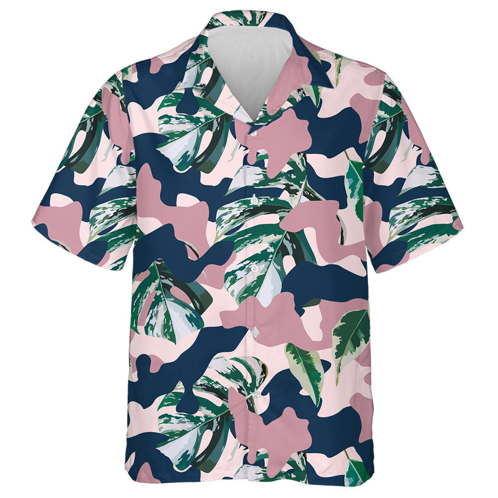 Watercolor Tropical Green Marble Leaves Pink Camo Background Hawaiian Shirt, Hawaiian Shirt Gift, Christmas Gift