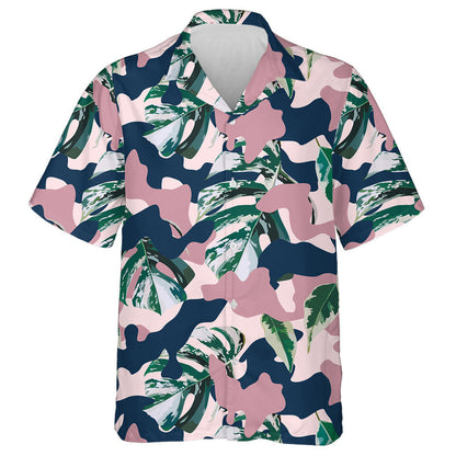 Watercolor Tropical Green Marble Leaves Pink Camo Background Hawaiian Shirt, Hawaiian Shirt Gift, Christmas Gift