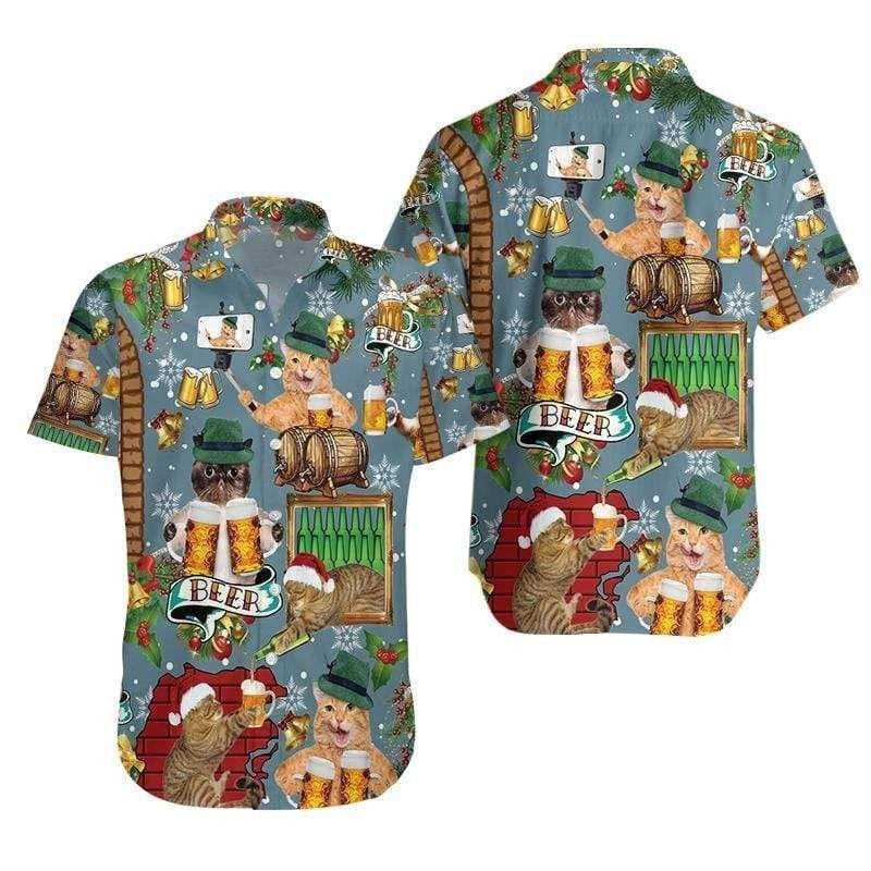 Lovely Cat Drinking Beer Merry Christmas Hawaiian Shirt, Hawaiian Shirt Gift, Christmas Gift