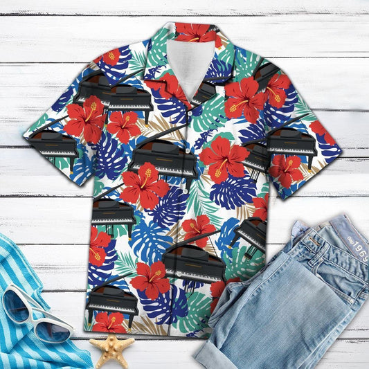 Piano With Red Hibiscus And Tropical Leaves Design Hawaiian Shirt, Hawaiian Shirt Gift, Christmas Gift