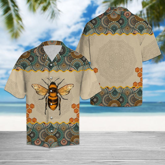 Bee Mandala On Colorful Patchwork Circle Frame Pattern Hawaiian Shirt, Hawaiian Shirt Gift, Christmas Gift