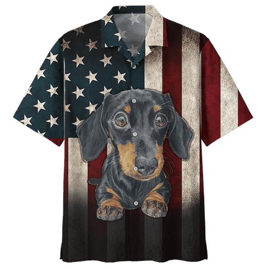 Vintage Flag Dachshund Watercolor Design Hawaiian Shirt, Hwaiian For Gift