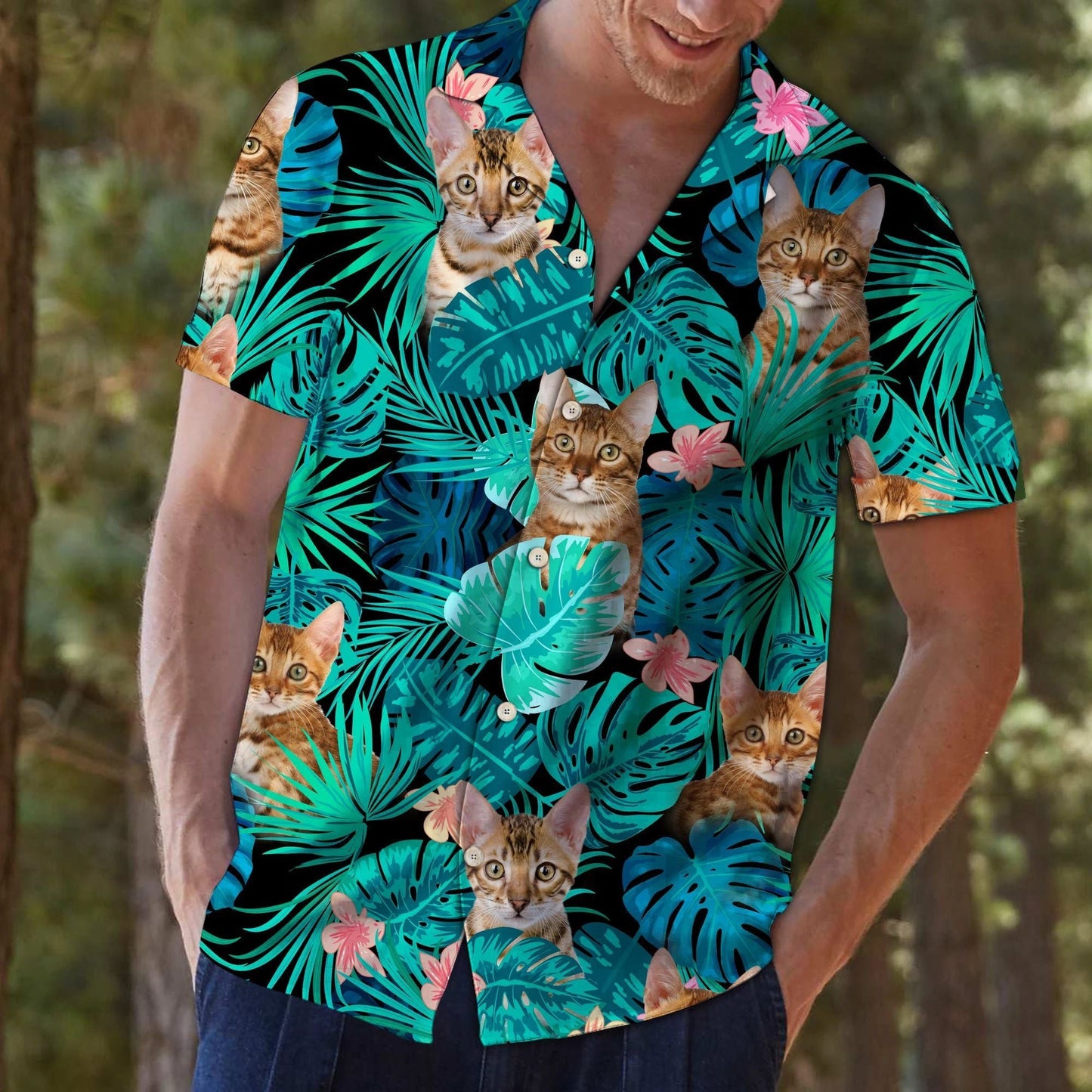 Bengal Cat With Tropical Leaves And Flowers Hawaiian Shirt, Hawaiian Shirt Gift, Christmas Gift