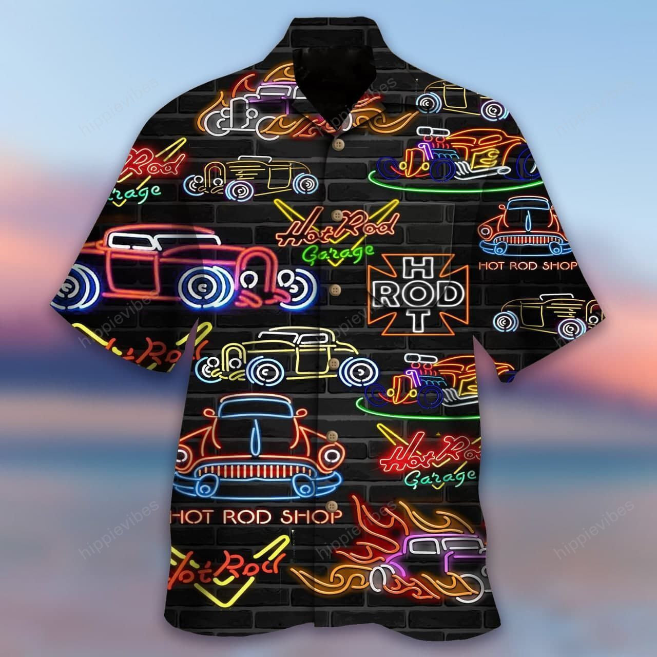 Colorful Hot Rod Neon Light On Black Design Hawaiian Shirt, Hawaiian Shirt Gift, Christmas Gift