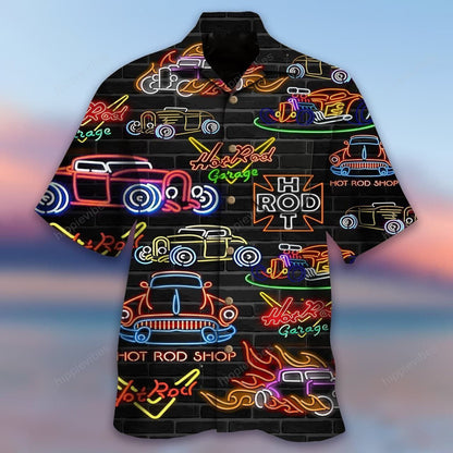 Colorful Hot Rod Neon Light On Black Design Hawaiian Shirt, Hawaiian Shirt Gift, Christmas Gift
