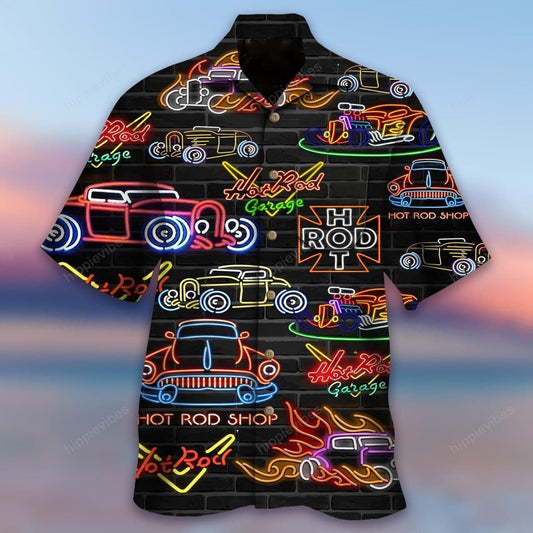 Colorful Hot Rod Neon Light On Black Design Hawaiian Shirt, Hawaiian Shirt Gift, Christmas Gift