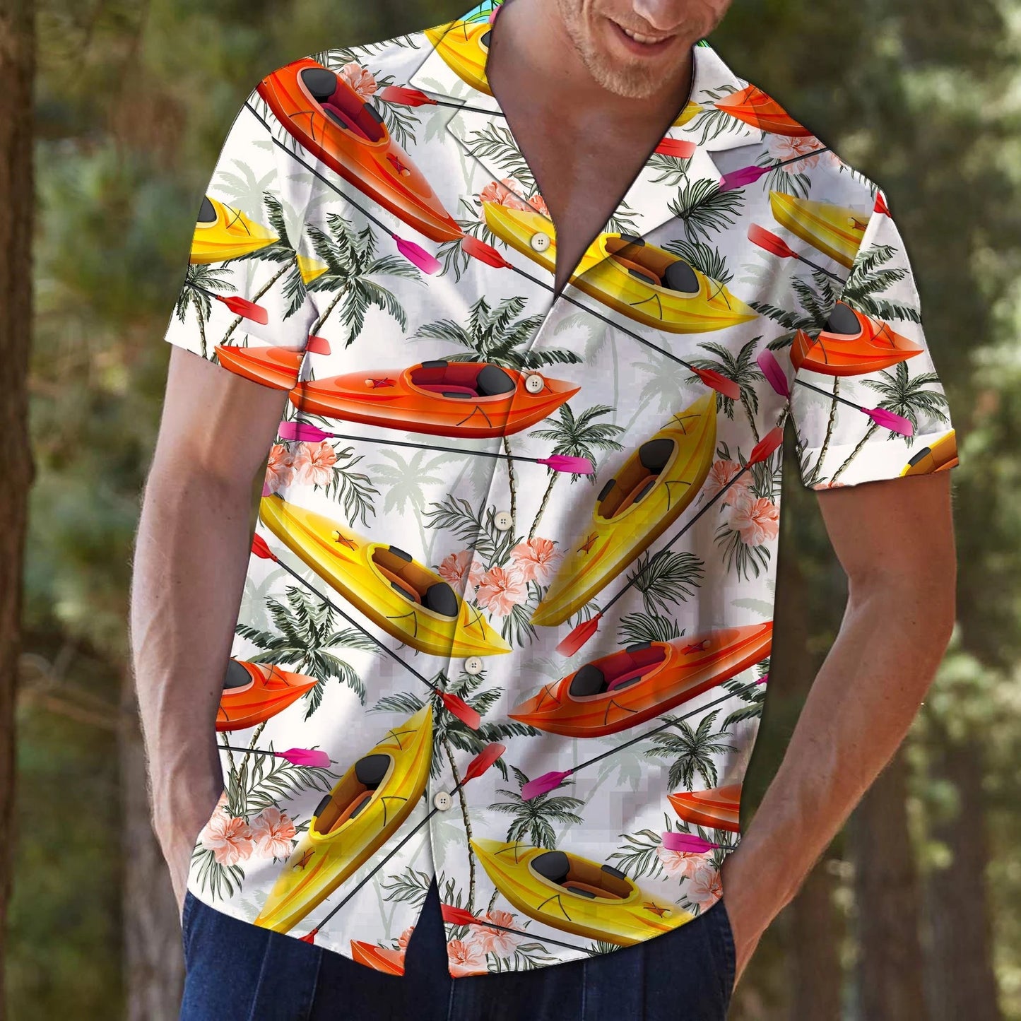 Kayak On Water Palm Trees Design Hawaiian Shirt, Hawaiian For Gift