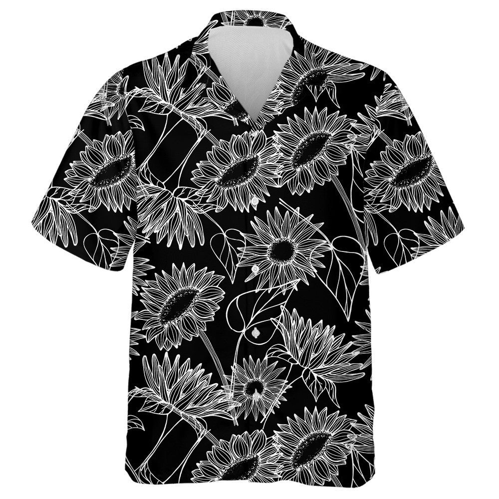 Black Theme Of Hand Drawn Sunflowers Bud And Leaves Hawaiian Shirt, Hawaiian Shirt Gift, Christmas Gift