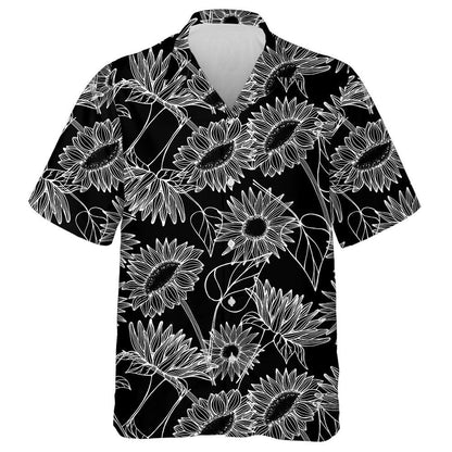Black Theme Of Hand Drawn Sunflowers Bud And Leaves Hawaiian Shirt, Hawaiian Shirt Gift, Christmas Gift