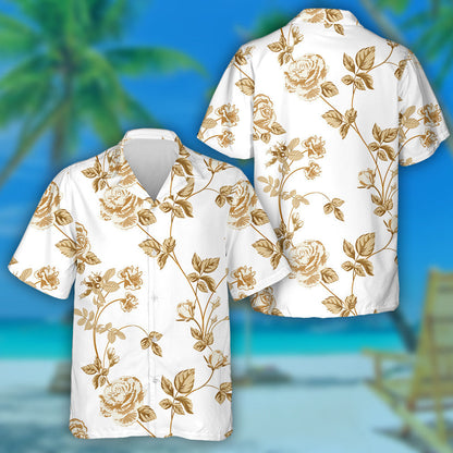Trendy Floral Background With Golden Roses Flowers Design Hawaiian Shirt, Hawaiian Shirt Gift, Christmas Gift