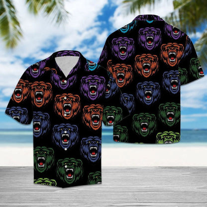 Awesome Bear Roaring Pattern Black Background Hawaiian Shirt,Hawaiian Shirt Gift, Christmas Gift
