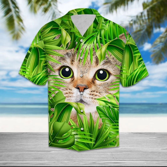 Cute Cat Hiding Green Leaves Hawaiian ShirtHawaiian Shirt Gift, Christmas Gift