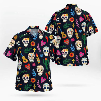 Lovely Sugar Skull Guitar And Leaves Art Pattern Hawaiian Shirt, Hawaiian Shirt Gift, Christmas Gift