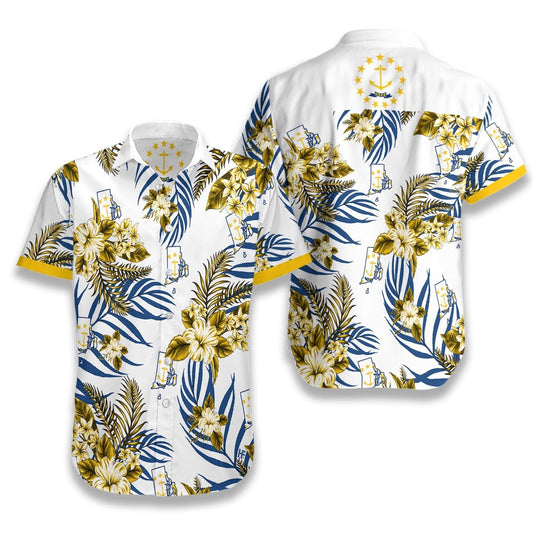 Rhode Island Proud On White Background Pattern Hawaiian Shirt, Hawaiian Shirt Gift, Christmas Gift