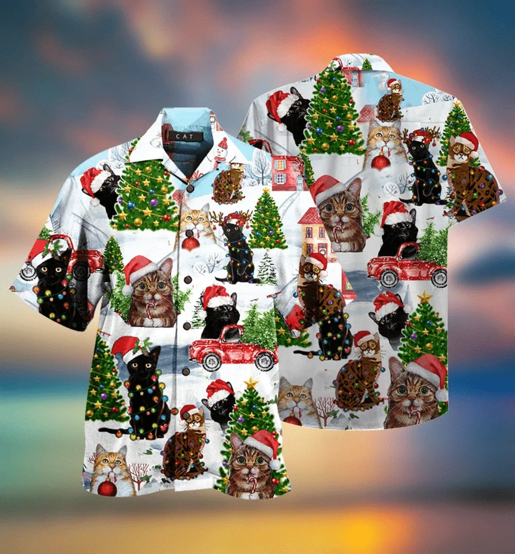 Cute Christmas Cats With Tree And Candy Hawaiian Shirt, Hawaiian Shirt Gift, Christmas Gift