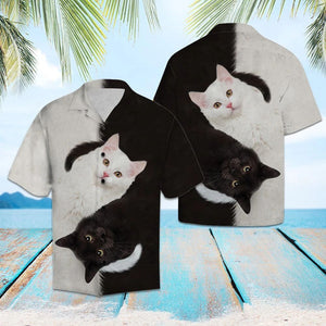 Amazing Black And White Cat Ying Yang Themed Hawaiian Shirt, Hawaiian Shirt Gift, Christmas Gift