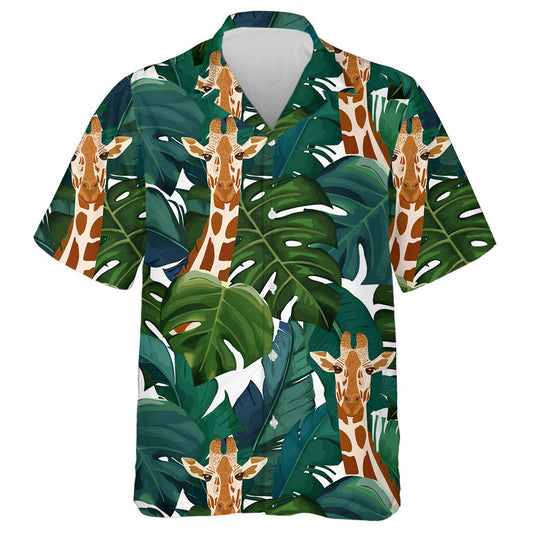 Hiding Giraffe In Exotic Palm Leaf Jungle Pattern Hawaiian Shirt, Hawaiian Shirt Gift, Christmas Gift