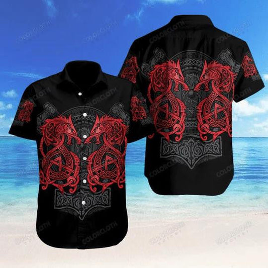 Viking Fenrir Red Viking Tattoo Twin Dragon Hawaiian Shirt, Hawaiian Shirt Gift, Christmas Gift