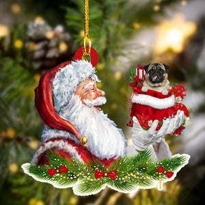 Pug And Santa Christmas Ornament For Dog Lovers, Dog Mom Acrylic Dog Ornament,Christmas Gift,Christmas Decoration